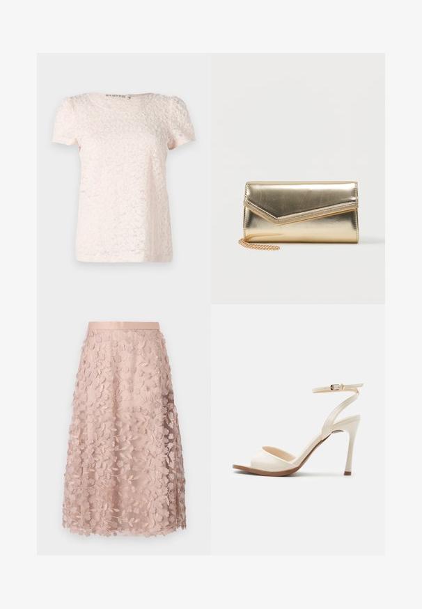 Lys pink kortærmet top med et tekstureret, blomstermønster og rund halsudskæring. Fremstillet af et blødt, delikat stof.; Blonder midi-nederdel i blød pink med blomstermotiver, der har en tætsiddende linning og lagdelt design, hvilket fremhæver en delikat struktur.; Beige højhælede sandal med tynd ankelrem og guldlås, åben tå og tynd stiletthæl på hvid baggrund.; Lille skinnende gylden clutch taske med konvolutklap og en fin gylden kæderem på hvid baggrund.