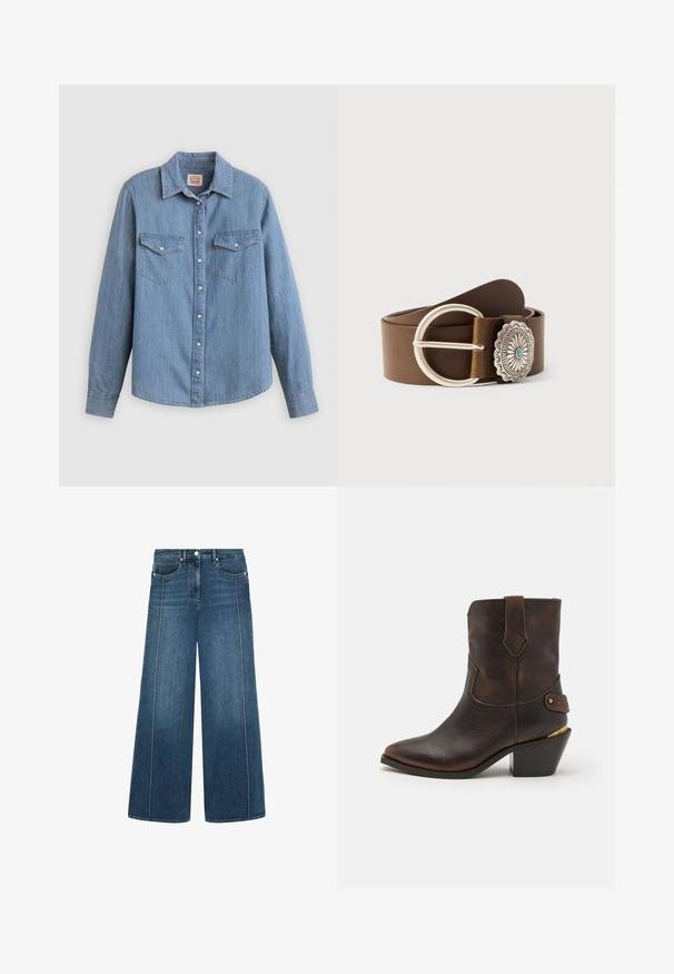 Lichtblauw spijkerhemd met lange mouwen, knoopsluiting aan de voorkant, twee borstzakken en een klassieke kraag. Soepele textuur en een ontspannen pasvorm.; Wijde denim jeans in donkerblauw met contrasterende witte stiksels, vijf-pocketontwerp en een knoopsluiting in de taille.; Bruine leren cowboylaars met een puntenneus en gestapelde hak. Voorzien van een decoratief ruitpatroon en een riem met hardware accent.; Bruine leren riem met grote ronde zilveren gesp en versierde zilveren concho met bloemmotief en turkooizen midden, opgerold op een effen achtergrond.