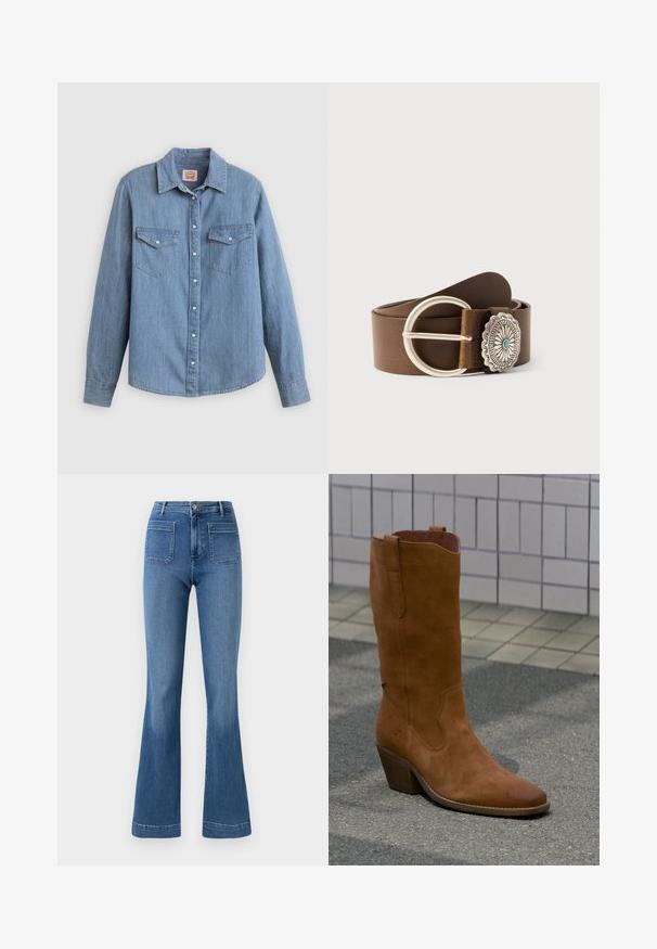 Chemise en denim bleu clair à manches longues, boutonnée à l'avant, avec deux poches poitrine et un col classique. Texture lisse et coupe décontractée.; Jean évasé en denim de couleur bleue avec une taille mi-haute, comportant deux poches arrière et un ourlet net. Texture lisse et design classique.; Botte de cowboy en daim marron unique avec un talon empilé sur un trottoir gris à côté d'un mur carrelé beige.; Ceinture en cuir marron avec une grande boucle ronde en argent et un concho en argent orné d'un motif floral et d'un centre turquoise, roulée sur un fond uni.
