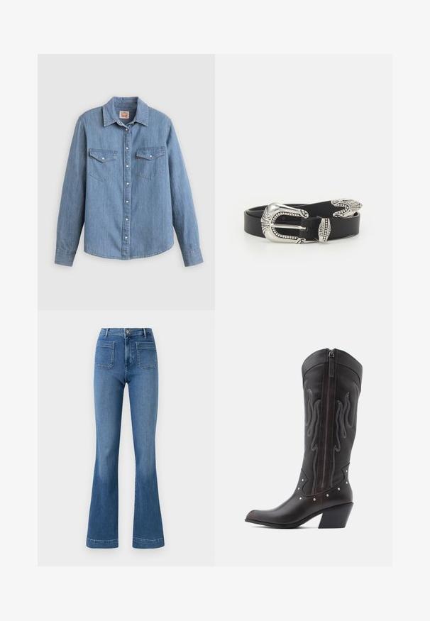 Chemise en denim bleu clair à manches longues, boutonnée à l'avant, avec deux poches poitrine et un col classique. Texture lisse et coupe décontractée.; Jean évasé en denim de couleur bleue avec une taille mi-haute, comportant deux poches arrière et un ourlet net. Texture lisse et design classique.; Bottes de cowboy en cuir marron avec surpiqûres en forme de flammes, fermeture éclair latérale, clous argentés, bout pointu et talon superposé.; Ceinture en cuir noir avec une grande boucle en métal argenté dotée de détails complexes et d'accents décoratifs à chaque extrémité.