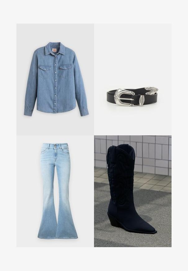 Lichtblauw spijkerhemd met lange mouwen, knoopsluiting aan de voorkant, twee borstzakken en een klassieke kraag. Soepele textuur en een ontspannen pasvorm.; Lichtblauwe uitlopende jeans van denim. Heeft een hoge taille met twee knopen en een lichte vervaging naar de zoom. Klassiek vijf-pocketontwerp.; Zwarte cowboylaars met decoratief stiksel en schuine hak op grijze bestrating bij een achtergrond van betegelde muur.; Zwarte leren riem met een grote zilveren metalen gesp met ingewikkelde details en decoratieve accenten aan beide uiteinden.