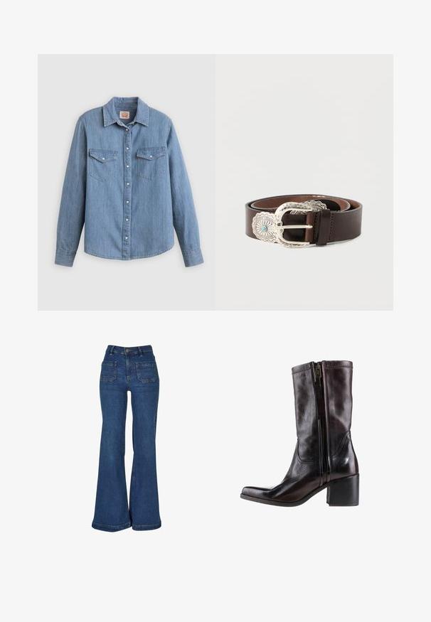 Chemise en denim bleu clair à manches longues, boutonnée à l'avant, avec deux poches poitrine et un col classique. Texture lisse et coupe décontractée.; Jean en denim bleu taille haute avec jambes évasées larges, poches plaquées à l'avant, passants de ceinture et fermeture par bouton.; Botte mi-mollet en cuir noir avec fermeture éclair latérale, talon bloc et bout pointu, vue de profil extérieur sur fond blanc.; Ceinture en cuir marron avec une large boucle décorative argentée ornée d'un accent turquoise et de détails élaborés le long du bord de la boucle.