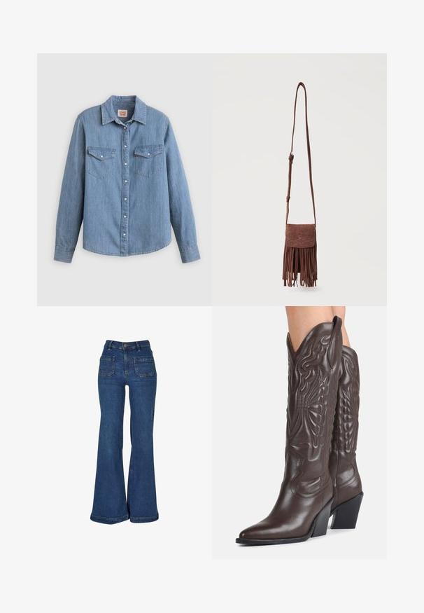 Lichtblauw spijkerhemd met lange mouwen, knoopsluiting aan de voorkant, twee borstzakken en een klassieke kraag. Soepele textuur en een ontspannen pasvorm.; Blauwe denim jeans met een hoge taille, brede wijde pijpen, voorvakken met inzetstukken, riemlussen en een knoopsluiting.; Donkerbruine leren cowboylaarzen tot over de knie met puntige neuzen, decoratieve stiksels en schuine blokhakken gedragen door een persoon.; Bruine suède schoudertas met lange riem, gestikt decoratief patroon op het klepje en hangende franjes langs de onderrand.