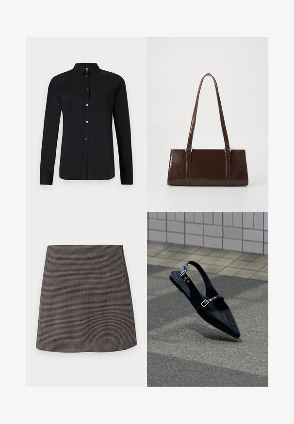 Sort langærmet skjorte med knapper, krave og brystlomme, vist mod en ensartet lys baggrund.; Lige skåret mini-skjørt med små sorte og grå houndstooth mønster, uden synlige pynt eller lommer.; Sort flad slingback med spids tå og dobbelte spænder, hvilende på grå asfalt nær flisevæg.; Brun lakeret håndtaske med rektangulær form, to lange håndtag og subtile buede detaljer på fronten.