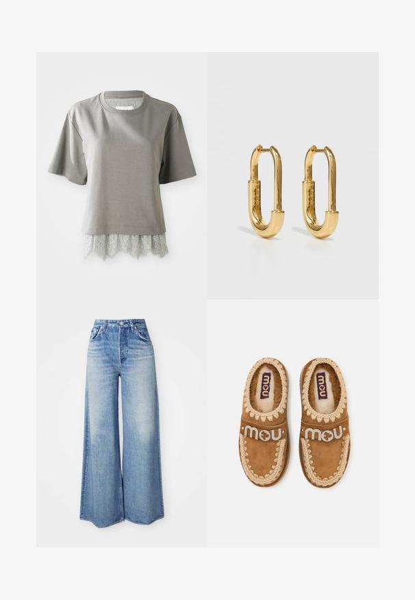 T-shirt à manches courtes, gris clair, en matière douce, avec une bordure en dentelle en bas à bord ondulé. La dentelle texturée ajoute du détail.; Jean large en denim bleu clair, avec une taille haute, un design à cinq poches, un lavage dégradé et un ourlet effiloché.; Paire de chaussons mocassins marron avec bordure tricotée crème et doublure intérieure douce, chacun avec une bride portant le logo "mou" sur le dessus.; Boucles d'oreilles en métal doré en forme d'ovale allongé, avec une surface lisse et polie et un petit charnière pour l'attache.