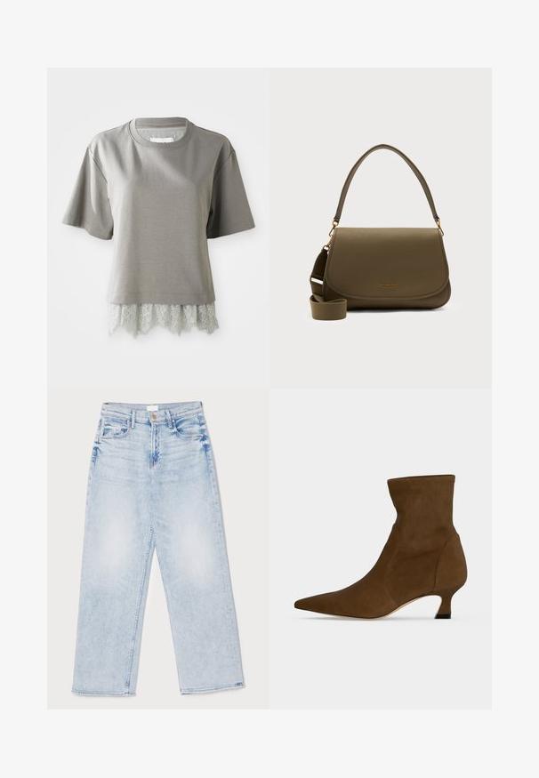 Kortærmet, lys grå T-shirt i blødt materiale, med en blondekant i bunden med en scalloperet kant. Tekstureret blonde tilføjer detaljer.; Lysblå, højtaljede denim jeans med vidde i benene, der har fem lommer, en frontlukning med knap og en let falmet tekstur.; Brun ankelstøvle med spids tå og lav kitten hæl, lavet af glat materiale, vist mod en ensfarvet baggrund.; Olivengrøn skuldertaske i læder med gulddetaljer, buet klap, enkelt topHåndtag og justerbar strop i stof.