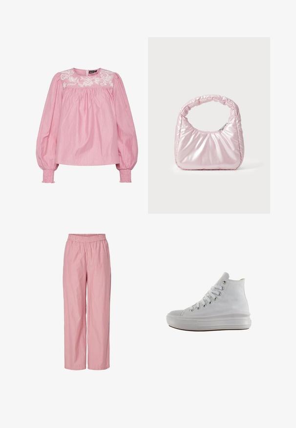 Rosa gestreifte Bluse mit rundem Halsausschnitt, elastischen Bündchen und besticktem Blumendetail an der Passe. Hergestellt aus leichtem Stoff.; Rosa gestreifte weit geschnittene Hose mit elastischem Bund. Hergestellt aus leichtem Stoff mit glatter Textur. Enthält subtile vertikale Streifen.; Weißer High-Top-Canvas-Sneaker mit weißen Schnürsenkeln, metallischen Ösen, dicker Gummisohle und strukturierter Zehenkappe, nach links auf weißem Hintergrund ausgerichtet.; Rosa, gepolsterte Handtasche mit abgerundeter Form, aus glänzendem Material gefertigt. Verfügt über einen gerafften Griff und einen Reißverschluss für sicheren Zugang.
