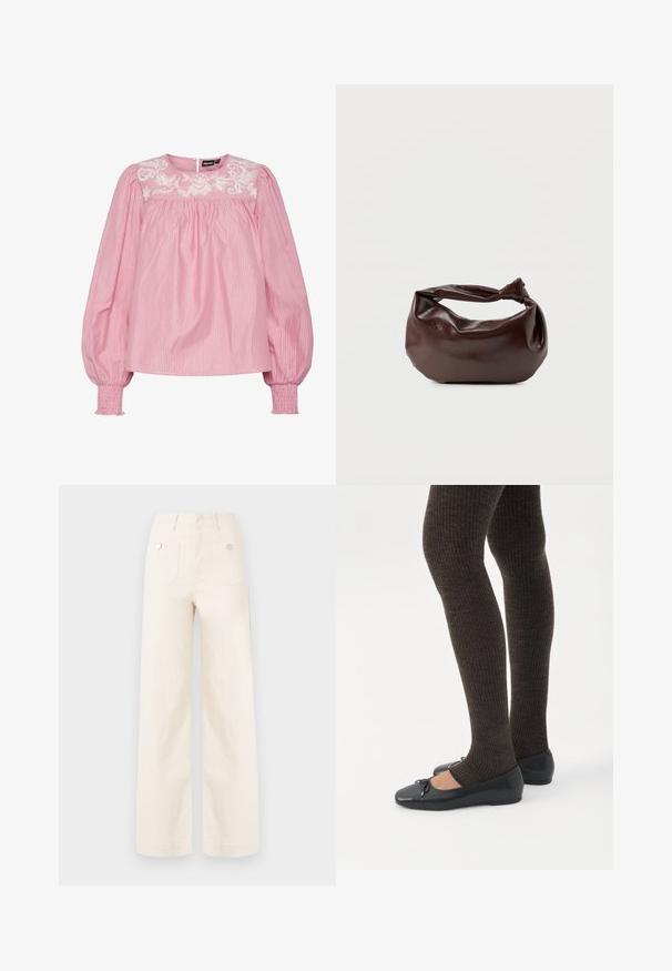 Blouse rose à rayures avec un col rond, des poignets élastiques et un motif floral brodé sur le devant. Fabriquée en tissu léger.; Pantalons à jambes larges en coton ivoire. Dotés d'une taille haute, de deux poches arrière avec des boutons en métal, et d'une texture lisse et propre.; Jambes portant des leggings côtelés foncés associés à des ballerines noires avec de petits détails en nœud sur fond blanc.; Sac bandoulière en cuir marron foncé avec une forme souple et décontractée et une anse nouée torsadée sur un fond blanc uni.