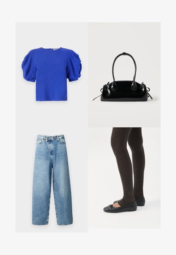 Top azul de manga corta con mangas abullonadas texturizadas, escote redondo y un discreto cierre en la parte posterior. Fabricado con un tejido ligero y de acabado suave.; ONLY ONLECHO WIDE UNEAVEN - Pernera ancha - medium blue denim; Piernas con leggings oscuros acanalados combinados con bailarinas negras que presentan pequeños detalles de lazo sobre un fondo blanco.; Pequeño bolso negro brillante con dos asas largas y detalles de cordón lateral sobre un fondo claro liso.