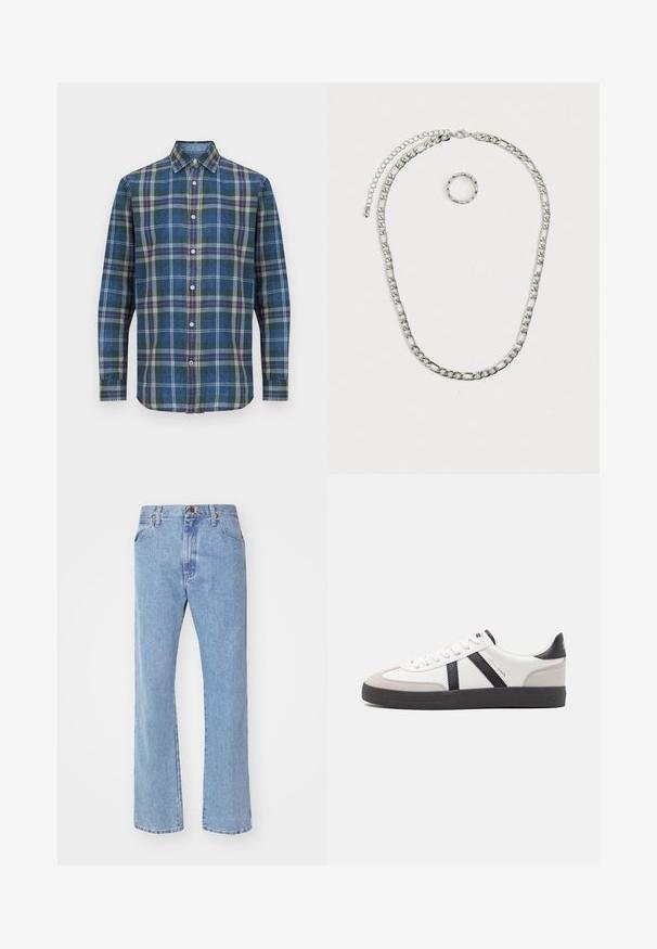Herre langærmet skjorte med knapper, i ternet mønster med grønne, blå, grå og orange farver, og med spids krave.; Lyseblå straight-leg denim jeans med frontknap- og lynlåslukning, bæltestropper og standard forlommer.; Hvide sneakers med sorte og grå detaljer, med en tekstureret grå tåhætte, sort gummisål og flade hvide snørebånd. Rent design, minimalistisk stil.; Sølvfarvet smykkesæt bestående af en tyk kædene med en hummerlås og en tilhørende tekstureret ring. Begge dele er skinnende og metalliske.