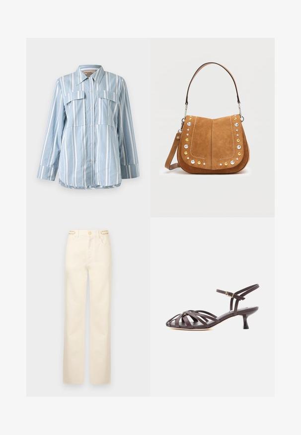 Camisa de botones azul claro con rayas verticales blancas, dos bolsillos frontales y mangas largas. Tejido suave y cuello puntiagudo.; Rabanne Vaqueros rectos - off white denim; Sandalia de tacón bajo tipo gatito de cuero marrón oscuro con tiras y hebilla ajustable en el tobillo, sobre fondo blanco.; Bolso de ante marrón con forma curva, con tachuelas decorativas metálicas en plata, oro y bronce en la parte delantera y costuras blancas.