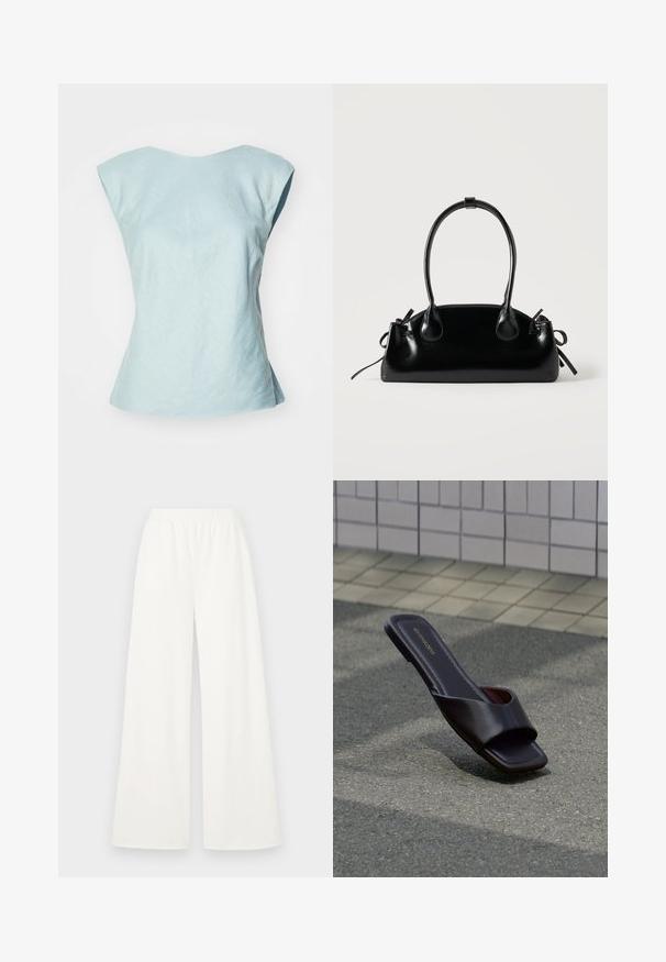 Débardeur bleu clair sans manches avec un large décolleté, fabriqué dans un tissu texturé, présentant une coupe structurée et une fin de bas évasée.; Pantalons larges en tissu blanc léger et doux. Dotés d'une taille élastique pour le confort et d'une texture lisse sans motifs visibles.; Sandale slide marron foncé à bout carré et large bride, posée sur un goudron gris près d'un trottoir carrelé.; Petit sac à main noir brillant avec deux longues anses et des détails à cordon sur les côtés sur un fond clair uni.