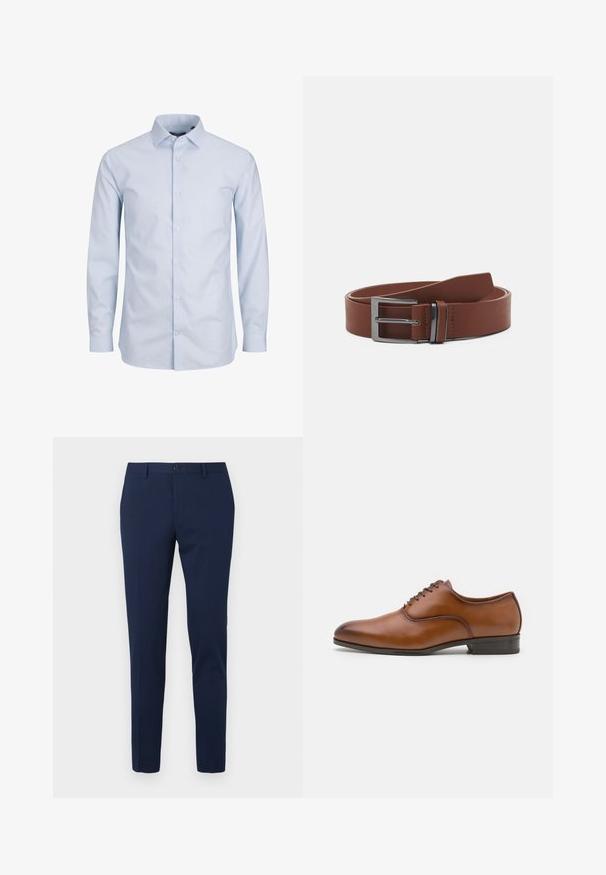 Camisa de manga larga azul claro hecha de tela suave. Presenta un collar clásico, botones en la parte delantera y un dobladillo recto. Sin estampados ni acentos.; Pantalones de vestir color azul marino con diseño de pierna recta, hechos de un tejido suave. Cuentan con cierre frontal de botón y dos bolsillos laterales.; Zapato de vestir de cuero marrón, con punta redondeada, acabado liso, con sutil detalle de costura, diseño de cordones, tacón negro bajo, estilo clásico.; Cinturón de cuero marrón con una textura suave, que presenta una hebilla de metal plateado y un diseño minimalista. El cinturón tiene un extremo redondeado y costuras precisas.