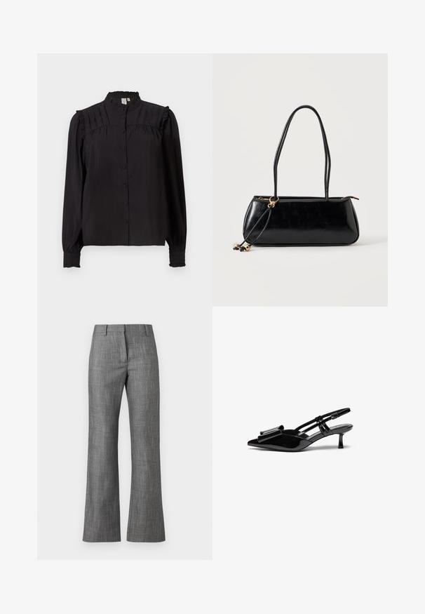 Blouse noire à manches longues avec un col haut, des boutons sur le devant, des détails plissés et des accents froncés aux épaules et aux poignets. Texture soyeuse.; Pantalon gris sur mesure avec un motif pied-de-poule, coupe droite et texture lisse. Comprend une ceinture avec passants.; Talons aiguilles en cuir verni noir avec un bout pointu, un détail en nœud à l'avant et un petit talon stiletto. Les brides sont équipées de boucles ajustables.; Sac à main rectangulaire noir avec deux longues bandoulières, détail anneau doré et fermeture éclair sur un fond clair uni.