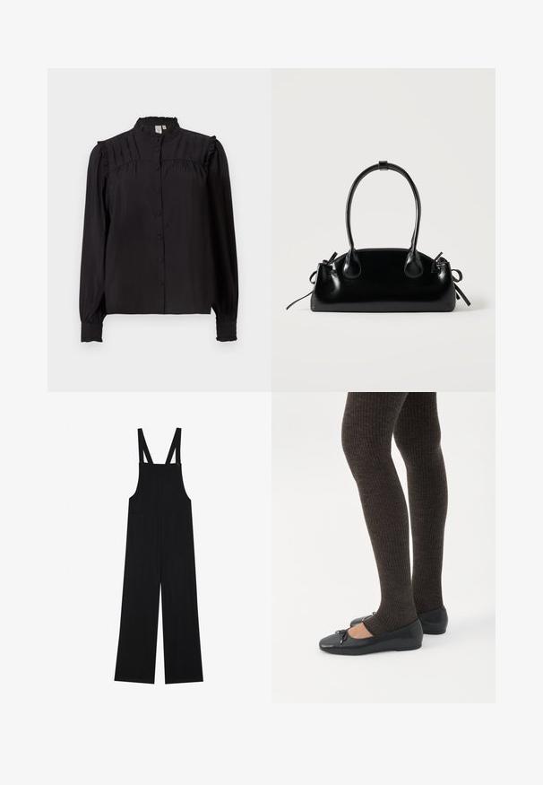 Blouse noire à manches longues avec un col haut, des boutons sur le devant, des détails plissés et des accents froncés aux épaules et aux poignets. Texture soyeuse.; Salopette noire en tissu doux, avec jambes larges, deux poches avant et bretelles ajustables avec des boutons.; Jambes portant des leggings côtelés foncés associés à des ballerines noires avec de petits détails en nœud sur fond blanc.; Petit sac à main noir brillant avec deux longues anses et des détails à cordon sur les côtés sur un fond clair uni.