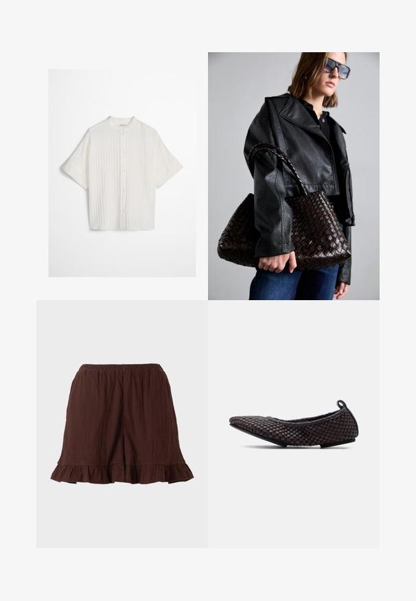 Blouse blanche à manches courtes avec des plis verticaux, col montant et fermeture boutonnée sur un fond gris clair uni.; Shorts en tissu brun texturé avec ceinture élastique et ourlets volantés sur un fond uni clair.; Ballerine plate noire à bout pointu avec une tige tissée texturée et un petit passant au talon, vue de côté sur fond blanc.; DRAGON DIFFUSION SANTA CROCE BIG - Sac à main - dark brown