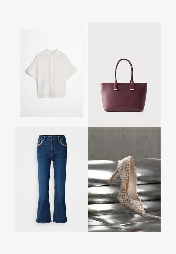 Witte korte mouwen blouse met verticale plooien, opstaande kraag en knoopsluiting aan de voorkant op een effen lichtgrijze achtergrond.; Donkerblauwe uitlopende jeans met een gladde denimtextuur, contrasterende gouden stiksels en voorzakaccenten. Klassiek vijf-pocketontwerp.; Beige pump met hoge hak en slangenhuidtextuur, rustend op een glanzend, getuft zilveren leren oppervlak.; Donkerpaarse leren shopper met twee handvatten en klein gouden merkembleem aan de voorkant, afgebeeld tegen een effen lichte achtergrond.
