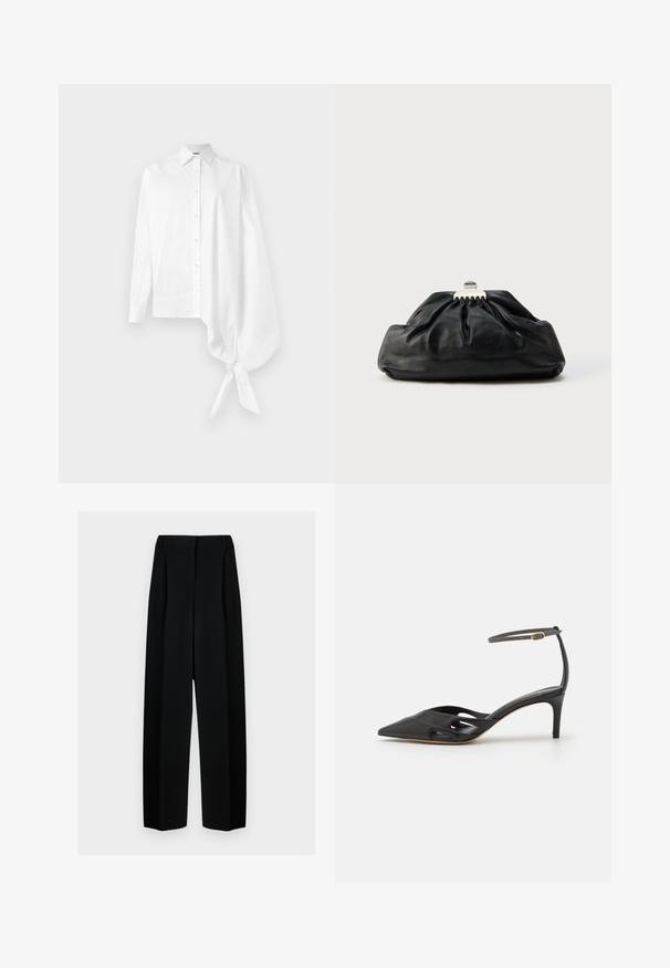 Hvid langærmet skjorte med knapper og en asymmetrisk oversized samlede ærme, der er bundet om håndleddet på højre side.; Sorte vide benbukser med høj talje, der har læg og en glat tekstur. Stoffet virker let og falder elegant.; Sort læder højhælet sko med spids tå, åbne sider og en tynd ankelrem med en lille guld detalje.; Sort læderclutch med en samlet tekstur, metal lukning og diskret præget logo på forsiden. Rundet form.