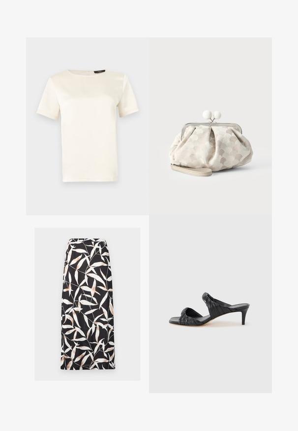 Haut à manches courtes de couleur crème avec un col rond, une texture lisse et une fermeture au dos avec un trou en forme de goutte. Design classique et minimaliste.; Jupe midi noire avec motif abstrait de feuilles blanches et beiges, coupe droite et taille ajustée.; Sandales à talons noirs avec un bout carré, fabriquées en cuir lisse. Elles présentent des brides froncées et un talon fin pour plus d'élévation.; Petit sac pochette beige avec tissu texturé à pois, cadre argenté, fermoir rond blanc et bracelet de poignet amovible sur fond uni.