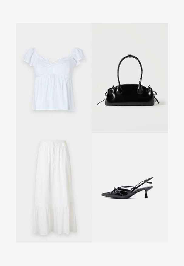 Blouse blanche avec des manches courtes bouffantes, un devant froncé et un ourlet évasé. Fabriquée en tissu léger, elle a une coupe ample et un décolleté croisé.; Jupe blanche, longueur genou, fabriquée en tissu léger avec une taille élastique et un cordon de serrage. Elle présente un ourlet volanté et une texture subtile.; Escarpin slingback en cuir verni noir, bout pointu, petit talon kitten et nœud décoratif noué à l'avant.; Petit sac à main noir brillant avec deux longues anses et des détails à cordon sur les côtés sur un fond clair uni.