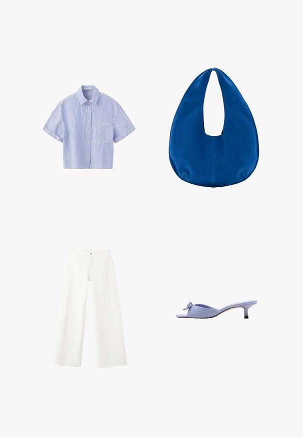 Chemise à manches courtes à rayures verticales bleues et blanches, avec un col et une poche poitrine unique sur fond blanc.; Pantalon blanc à jambes larges avec fermeture par bouton et zip, présenté à plat sur fond blanc.; Mule lavande à bout ouvert avec petit talon et nœud décoratif sur la partie supérieure, vue de profil sur fond blanc.; Sac hobo en tissu bleu doux avec une forme arrondie en croissant et une large ouverture pour la poignée au centre supérieur.
