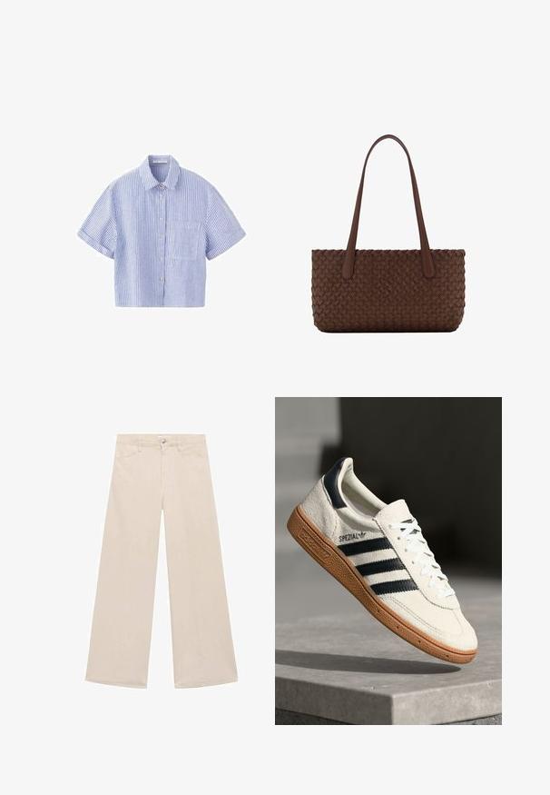 Blauw-wit verticaal gestreept kortärmelig overhemd met kraag en een borstzak op een witte achtergrond.; Beige wijde pantalons van een katoenmix. Voorzien van zijzakken en een enkele metalen knoopsluiting aan de taille. Glad textuur.; Witte suède sneakers met marineblauwe strepen, rubberen gumzool, gestructureerde bovenkant, ronde neus en veters; heeft branding aan de zijkant en op de tong.; Bruine leren handtas met een geweven textuurpatroon, voorzien van twee lange, smalle handvatten voor schouderdragen.