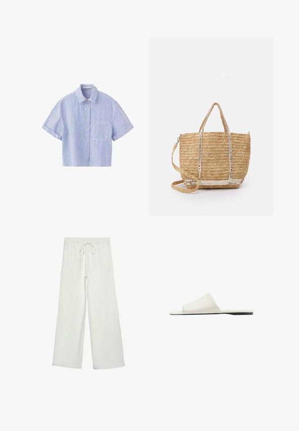 Chemise à manches courtes à rayures verticales bleues et blanches, avec un col et une poche poitrine unique sur fond blanc.; Pantalons larges blancs en tissu doux. Dotés d'une taille élastique avec cordon de serrage et d'une texture lisse. Aucuns motifs visibles ni éléments en métal.; Sandale blanche à enfiler avec une large bride unique et une semelle plate, vue de côté sur fond blanc.; Vanessa Bruno CABAS PETIT - Sac à main - beige