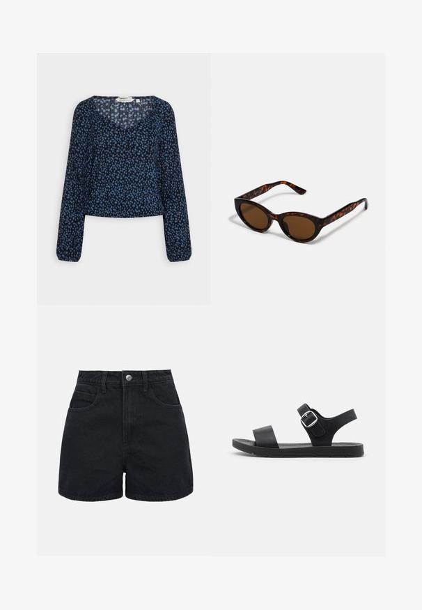 Blusa de manga larga en tela semitransparente de color azul oscuro con estampado floral en azul claro, escote en V y puños elásticos. Diseño corto.; Pantalones cortos de mezclilla negros de tiro alto con botón frontal, trabillas para cinturón y dos bolsillos delanteros sobre un fondo blanco liso.; Sandalia negra con suela plana, hebilla ajustable, dos correas anchas y textura suave, diseñada para la comodidad y facilidad de uso.; Gafas de sol de carey marrón con una forma vintage de ojo de gato y lentes marrones. Presentan brazos curvados con acentos rojos.
