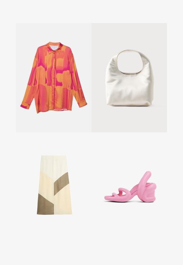 Lange mouwen shirt in levendige roze en oranje tinten, met een knoopsluiting aan de voorkant, een klassieke kraag en een vloeiende, lichte stof.; A-lijn midi rok met color-block panelen in crème, beige en lichtbruine stoffen op een witte achtergrond.; Roze sculpturale hoge hakken sandaal met een golvend ontwerp en een chunky hak, gemaakt van glad plastic met uitsparingen in het teengebied.; Zachte witte handtas met een afgeronde rechthoekige handgreep en een losse, gladde textuur op een lichte achtergrond.