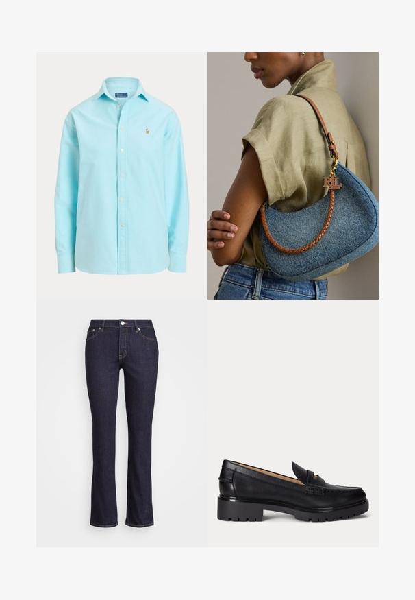Camisa azul claro de manga larga con botones, cuello y un pequeño logo bordado en el pecho izquierdo.; Jeans de mezclilla oscuros de campana con cintura alta, que cuentan con un cierre de botón y cremallera, cinco bolsillos y costuras en contraste.; Mocasín de cuero negro con suela gruesa y con relieve, tacón bajo y tira decorativa en la parte delantera.; Mujer con camisa beige y vaqueros azules que sostiene un bolso azul de denim con correa trenzada marrón y charm dorado con el logo RLL.
