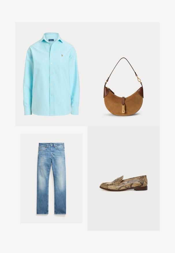 Chemise bleu clair à manches longues avec boutons, col et petit logo brodé sur le côté gauche de la poitrine.; Jean denim bleu clair à coupe droite, légèrement délavé, design cinq poches avec étiquette visible de la marque Polo sur la ceinture.; Mocassin plat à enfiler avec motif peau de serpent beige et marron et semelle basse marron sur fond uni.; Sac à main demi-lune en daim marron avec des accents en cuir marron foncé, des ferrures dorées et une courte bandoulière.