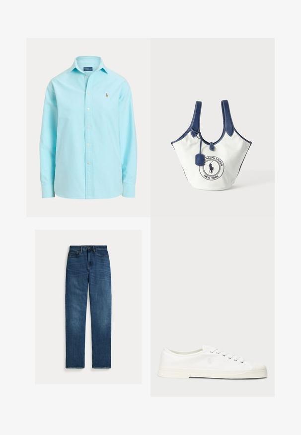 Hellblaues Hemd mit langen Ärmeln, Knopfleiste und Kragen sowie einem kleinen gestickten Logo auf der linken Brust.; Straight-leg blaue Denim-Jeans mit fünf Taschen, Knopfverschluss und subtilen Verwaschungen an Oberschenkeln und Knien, flach auf weißem Hintergrund gelegt.; Weiße Leinensneaker mit runder Zehenpartie, Schnürverschluss und dezentem Logodetail. Verfügt über ein strukturiertes Gewebe und eine Gummisohle.; Weiße Canvas-Tasche mit marineblauen Griffen und Besatz, vorne mit Ralph Lauren Logo-Patch und einem kleinen Anhänger.