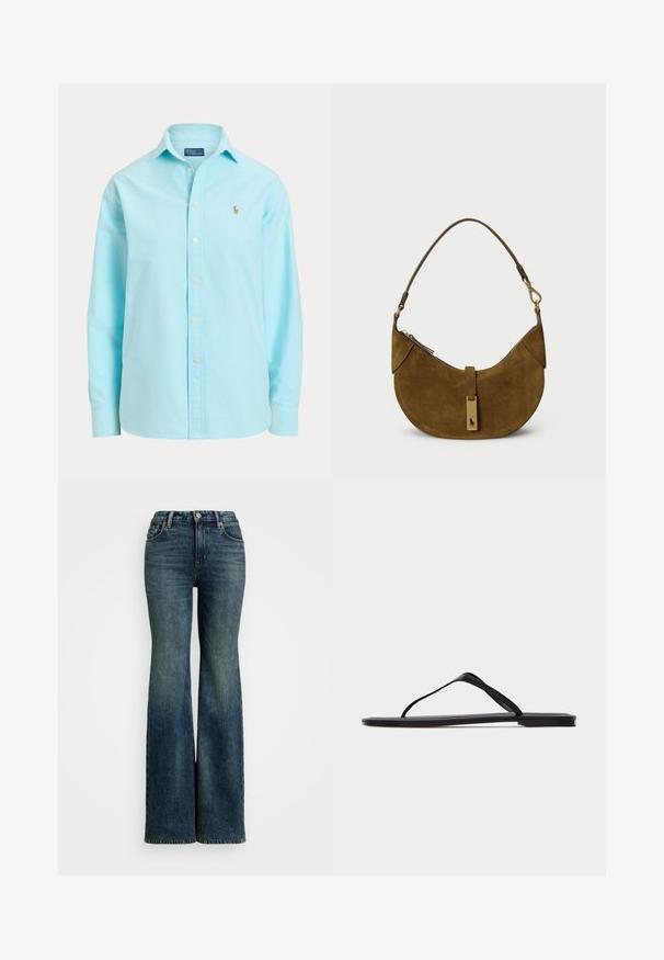 Lichtblauw overhemd met lange mouwen, knopen en een kraag, met een klein geborduurd logo op de linkerborst.; Flared blauwe denim jeans met een hoge taille, voorzien van vijf zakken en stiksels als accent. De stof heeft een klassieke vervaagde textuur.; Zwarte platte slipper met dunne bandjes en een minimalistisch ontwerp, van opzij getoond tegen een effen lichte achtergrond.; Bruine suedé handtas met een gebogen vorm, gouden hardware en een ritsluiting. Voorzien van een korte, verstelbare schouderriem.
