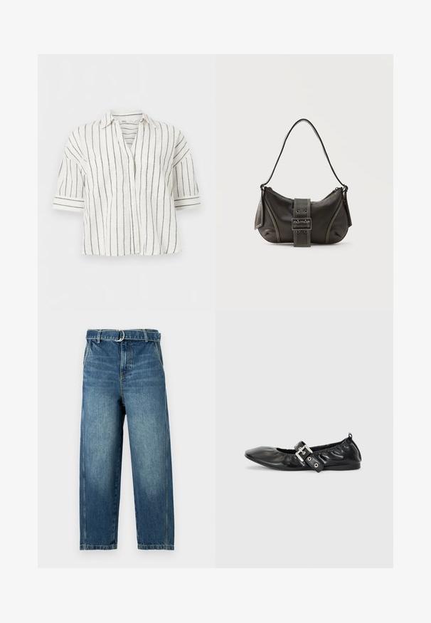 Chemise blanche à manches courtes avec boutons et rayures verticales noires, col, présentée sur un fond blanc uni.; Jean en denim bleu avec une taille haute, des jambes larges et une ceinture avec un anneau en métal. Présente des décolorations et des effets d'usure subtils sur le tissu.; Chaussure plate en cuir noir avec un nez pointu, des détails froncés autour de l'ouverture et un accent en boucle argentée sur la bride ajustable.; Sac à épaule en cuir noir avec une sangle à boucle, des bords arrondis et des coutures blanches contrastées sur un fond uni.