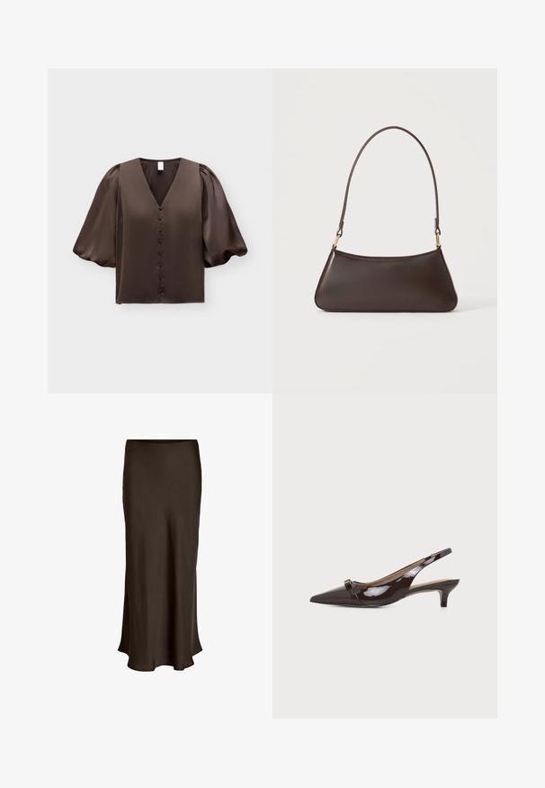 Dunkelbraune Satinbluse mit V-Ausschnitt, vorne mit stoffbezogenen Knöpfen und voluminösen Puffärmeln, die an den Schultern gerafft sind.; VILA VIELLETTE HW MIDI SKIRT - NOOS - Maxirock - coffee bean; Anna Field Wide Fit Pumps - dark brown; Dunkelbraune Lederhandtasche mit geschwungenem oberen Reißverschluss und schmalem Schulterriemen mit goldfarbenen Verschlüssen auf einfarbigem Hintergrund.