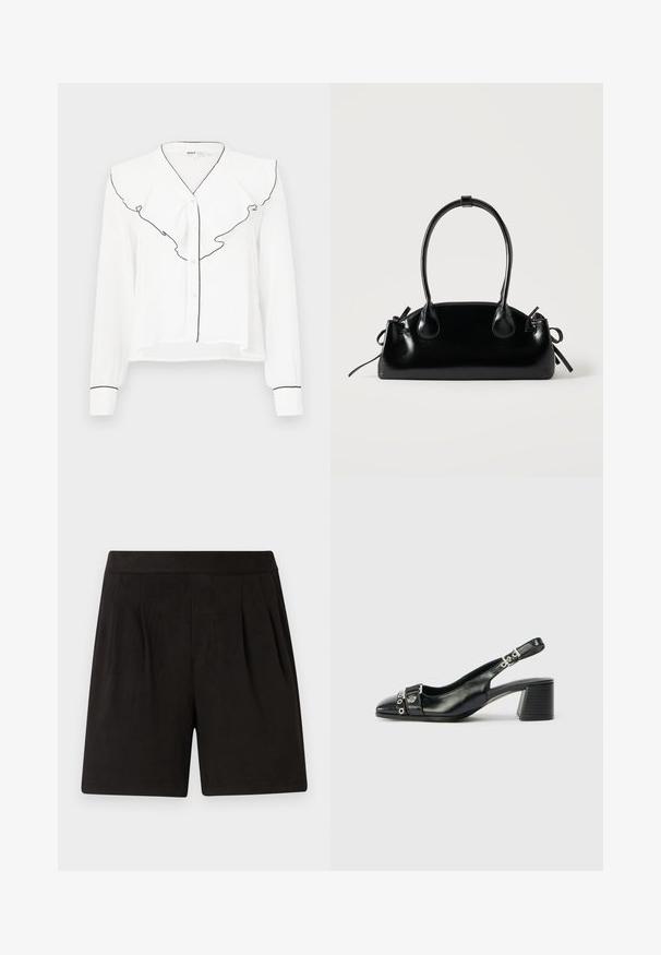 Camisa blanca de manga larga con cuello con volantes con borde negro, cierre de botones en el frente y detalles negros en las mangas.; Pantalones cortos negros de tela suave, con una textura lisa, cintura elástica y diseño frontal plisado. Simples y sin adornos.; Tacón slingback de cuero negro con punta afilada, correa texturizada con acentos metálicos circulares y tacón cuadrado apilado.; Pequeño bolso negro brillante con dos asas largas y detalles de cordón lateral sobre un fondo claro liso.
