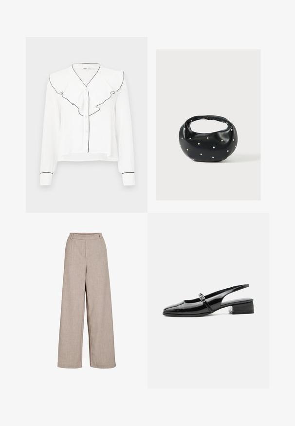 Camisa blanca de manga larga con cuello con volantes con borde negro, cierre de botones en el frente y detalles negros en las mangas.; Pantalones anchos beige hechos de tejido liviano. Cuentan con una textura suave, una cintura ajustada y bolsillos laterales para un detalle funcional.; Zapato slingback de charol negro con tacón bajo y grueso y una fina correa con hebilla de plata en la parte superior.; Bolso de mano de cuero negro con forma redondeada, decorado con detalles de tachuelas plateadas y un asa corta. Textura lisa y cierre con cremallera.