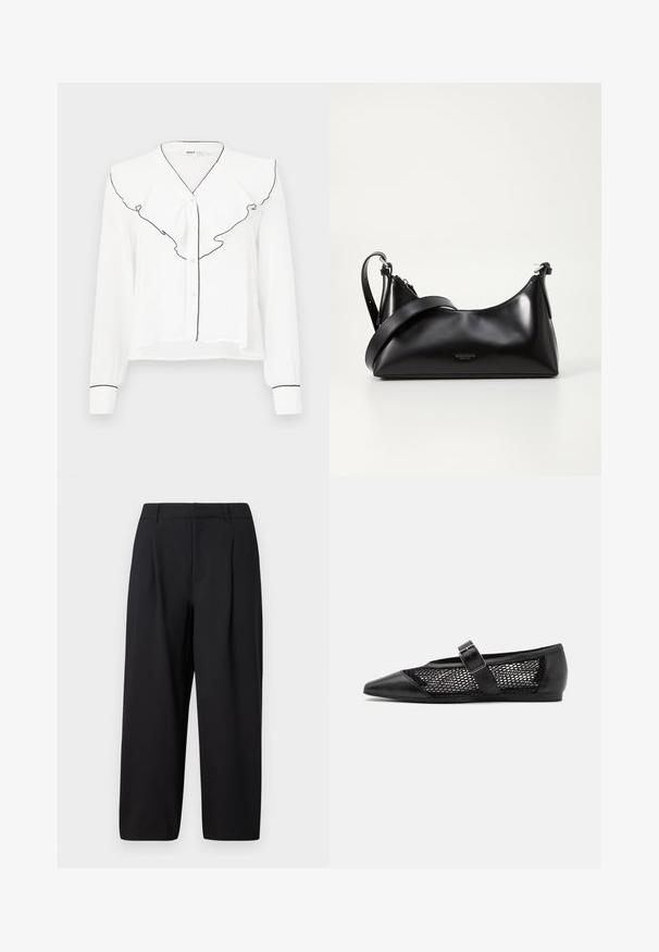 Chemise blanche à manches longues avec un col froncé bordé de noir, fermeture à boutons sur le devant et accents noirs sur les manches.; Pantalon noir avec une coupe décontractée, devant plissé, taille plate et texture lisse. Coupé à une longueur raccourcie, adapté pour un usage formel ou décontracté.; Chaussure plate noire avec un bout pointu, panneaux latéraux en maille et une sangle avec une boucle décorative. Fini lisse sur les sections du bout et du talon.; Sac à main en cuir noir avec une texture lisse. Dispose d'une bandoulière adjustable et d'un design élégant et minimaliste avec une fermeture éclair.
