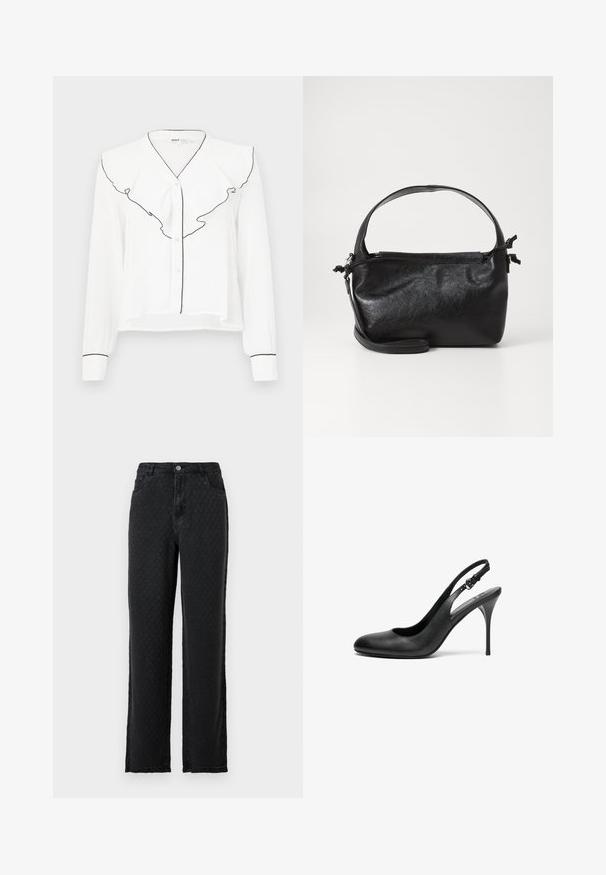 Chemise blanche à manches longues avec un col froncé bordé de noir, fermeture à boutons sur le devant et accents noirs sur les manches.; Jeans larges noirs texturés avec poches avant et fermeture à bouton sur fond uni.; Escarpin slingback en cuir noir avec un bout pointu, un talon aiguille fin et une sangle ajustable. Texture lisse et design minimaliste.; Sac à main en cuir noir au design structuré, avec une poignée arrondie et une bandoulière amovible. Présente une texture lisse et un éclat subtil.