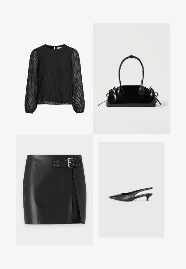 Zwarte blouse met lange doorschijnende mouwen, gestructureerd bladdlepatroon, ronde halslijn en een kleine sleutelsluiting aan de achterkant.; Zwarte faux leren mini-jurk met een verstelbare riem met zilveren gesp en studdetails, voorkant met wikkelontwerp en een gladde textuur.; Zwarte puntschoen met slingback van soepel leer. Kenmerkt zich door een dunne hak en een gespdetail op de verstelbare band.; Kleine zwarte glanzende handtas met twee lange hengsels en zijkant trekkoord details op een effen lichte achtergrond.