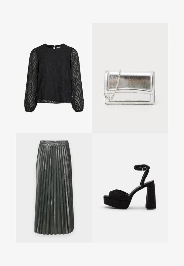 Blouse noire à manches longues transparentes, avec un motif de feuilles texturé, un col rond et une petite attache en forme de clé au dos.; Jupe plissée vert métallique avec une taille élastique. Présente des plis verticaux étroits et un design mi-long, créant une silhouette structurée.; Sandales à plateforme noires avec texture en daim, large courroie à l'avant, courroie pour la cheville avec boucle et talon épais. Design élégant et moderne.; Pochette métallique argentée avec une texture lisse, fermeture rabat et une bandoulière en chaîne. Présente un design rectangulaire structuré et des accents cousus.