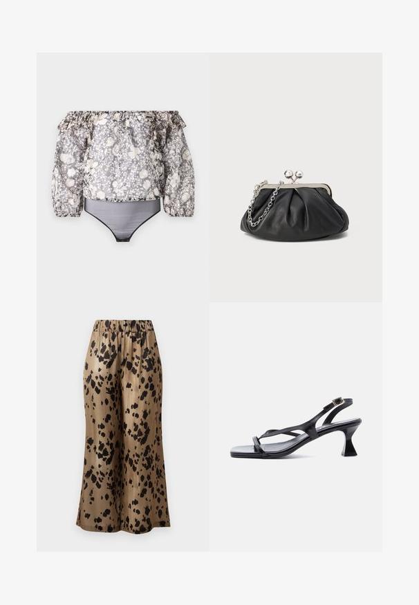 Off-the-shoulder blomsterbodystock med volangærmer, sorte kanter og et blandet mønster af grå, hvid og beige. Materialet er let.; Brune mønstrede bukser med bred ben, prydet med et sort pletdesign, lavet af et skinnende stof, med en elastisk talje for komfort.; Sort lædersandal til kvinder med tynde stropper, firkantet tå, justerbar ankelrem og udvidet mellemhøj hæl.; Sort læder clutch med samlet tekstur, sølvfarvet metalramme, kys-lås lukning og kædestrop. Glat, blød overflade.