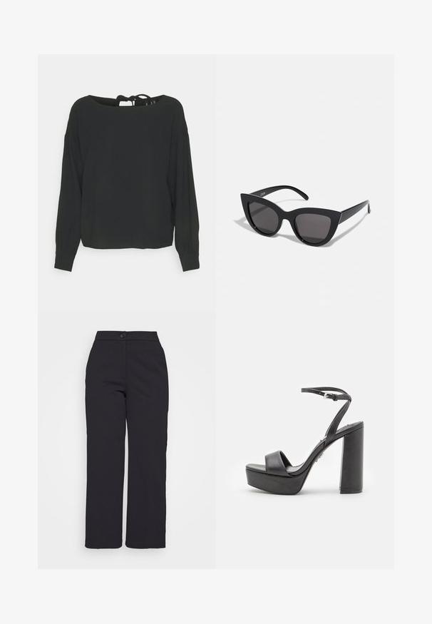 Vero Moda Petite VMINGE O NECK - Pluus - black; Mustad laiad mustad püksid siledast kangast, mis on varustatud nööbiklõpsuga ja üleva, hästi lõigatud disainiga, ilma nähtavate taskuteta.; Mustad platvormiga kõrge kontsaga sandaalid, avatud varbaga, laia esiosa rihmaga ja reguleeritava pahkluu rihmaga. Sile nahkviimistlus ja jäme plokk-konts.; Mustad mustakate silmade prillid, millel on matt viimistlus, hallist toonitud läätsed, teravad nurgad ja stiilsed küljed. Brändi nimi on nähtav siseküljel.