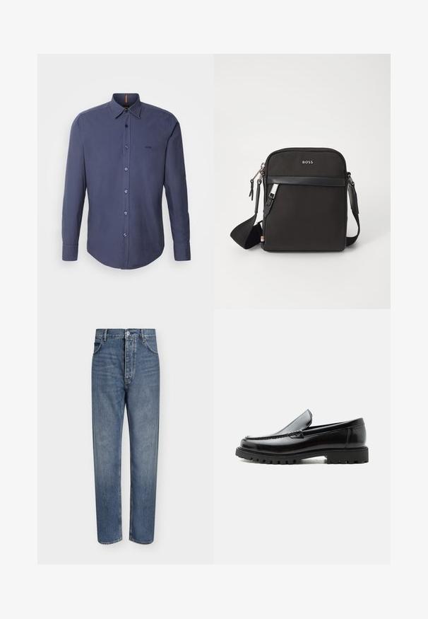 Dunkelblauses Langarmhemd aus Baumwolle mit klassischem Kragen, abgerundetem Saum und Logo-Stickerei auf der Brust.; Gerade geschnittene blaue Jeans aus Denim mit hoher Taille, Frontknopfverschluss und Fünf-Taschen-Design auf einem schlichten hellen Hintergrund.; Schwarzer Lederloafer mit grober Gummisohle, genähter Oberseite und geprägtem Markennamen an der Ferse, seitlich auf weißem Hintergrund gezeigt.; Schwarze Umhängetasche aus strukturiertem Stoff, mit Logo auf der Vorderseite, Reißverschluss und verstellbarem Tragegurt. Verfügt über eine glatte Lederbesatz.