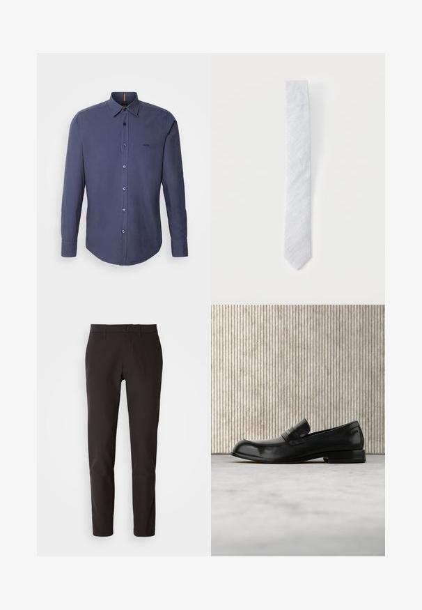 Mørkeblå skjorte med lange ærmer, lavet af bomuld, med klassisk krave, buet kant og logo broderi på brystet.; Sorte bukser lavet af glat stof, med lige snit, standard linning med knaplukning og uden synlige lommer eller mønstre.; Sort læderloafer med metalaccent, vist svævende over et beige tæppe, med et rundt, ravfarvet bord i baggrunden.; Slank, lysegrå stofslips med subtil diagonal tekstur, vist mod en ensfarvet hvid baggrund.