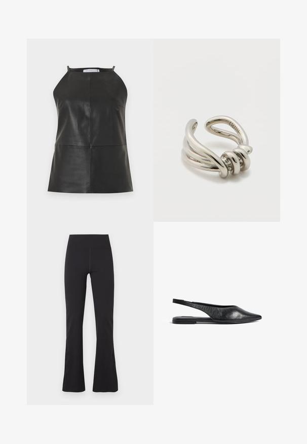 Top negro sin mangas de cuero con escote halter y detalles visibles de costuras verticales y horizontales.; Pantalones negros acampanados con una pretina alta. Hechos de un material elástico, con una textura suave y detalles mínimos de costura.; Bailarinas de piel negra con tira en el talón y punta afilada, de diseño minimalista. Cuentan con un perfil elegante y un tacón delgado para mayor estabilidad.; Anillo ajustable de metal con tono plateado que presenta hebras entrelazadas y un diseño anudado, acabado pulido con superficies y curvas suaves.