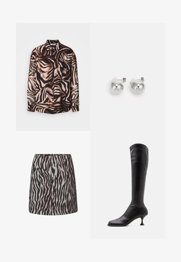Langærmet skjorte i let materiale med et brun- og sort zebra mønster, med knaplukning foran og en enkelt brystlomme.; Mini nederdel med sort og grå zebra mønster, lige snit og en skjult lynlås bagpå.; Sort knælange læderstøvle med rundet tå og en slank, buet mellemhøj hæl mod en hvid baggrund.; Sølvdroppøreringe med runde, reflekterende overflader; minimalistisk design med glat tekstur og subtilt brandingdetalje.