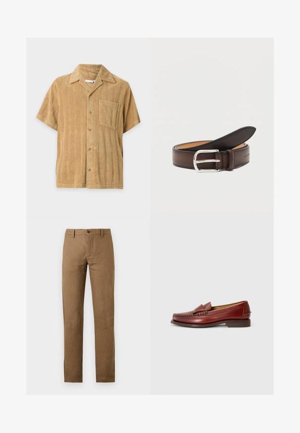 Chemise beige à manches courtes avec rayures verticales texturées, boutons sur le devant, poche poitrine et col classique sur fond uni.; Pantalon marron à jambes droites avec passants de ceinture et fermeture boutonnée et zippée à l'avant sur fond uni.; Mocassins en cuir brun avec une finition lisse, des coutures décoratives et un accent de gland à l'avant. Talon bas et solide de couleur marron, design épuré.; Ceinture en cuir marron foncé roulée avec une boucle rectangulaire argentée sur fond blanc.
