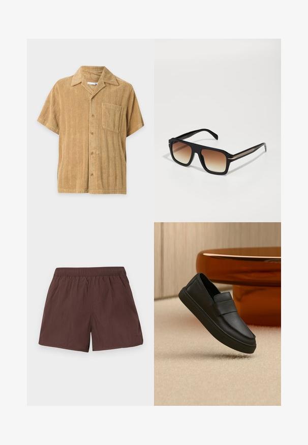 Camisa beige de manga corta con rayas verticales texturizadas, botones delanteros, un bolsillo en el pecho y cuello clásico sobre un fondo liso.; Pantalones cortos marrones con cintura elástica, textura simple y lisa, y bolsillos laterales, mostrados planos sobre un fondo claro.; Zapato mocasín de piel negra tipo slip-on con una tira sobre la parte superior, colocado sobre una alfombra beige y junto a una mesa redonda marrón.; Gafas de sol rectangulares negras con lentes marrones degradados. Montura brillante, sutiles acentos dorados en las patillas y extremos de las varillas texturizados.