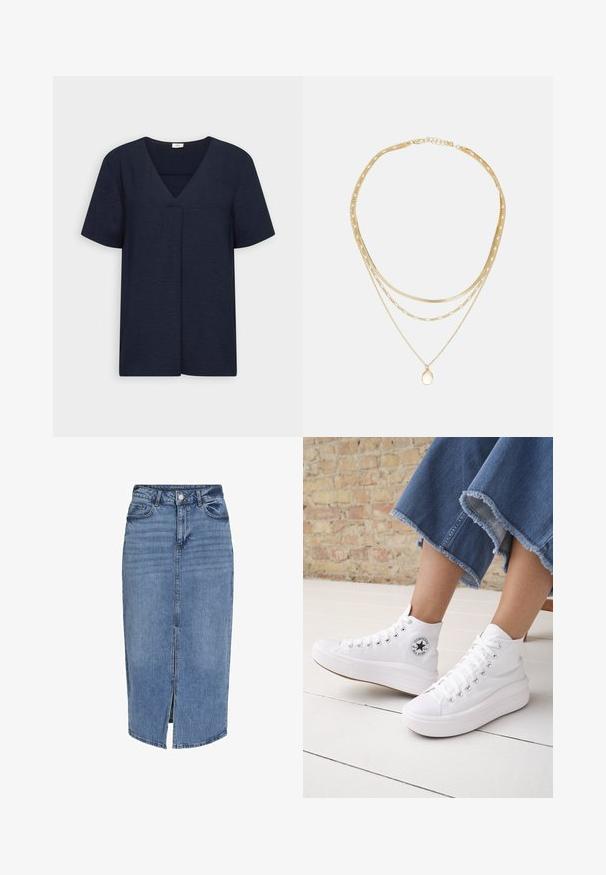 JDY JDYDIVYA - Bluse - sky captain; Denim-Midikleid in Hellblau mit einem Schlitz vorne, fünf Taschen, Gürtelschlaufen und einem Knopfverschluss an der Taille. Klassische Passform und Textur.; Person trägt weiße knöchelhohe Converse-Sneaker mit dicken Sohlen und abgeschnittene, ausgefranste blaue Jeans vor einer Backsteinmauer und weißem Boden.; Goldfarbene, geschichtete Halskette mit mehreren Ketten unterschiedlicher Dicke, darunter eine mit einem kleinen ovalen Anhänger. Enthält sowohl glatte als auch strukturierte Elemente.